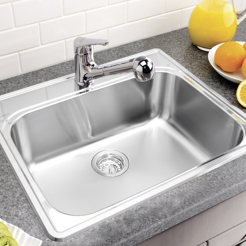 Essential 25" L x 21" W Drop-In Kitchen Sink with Basket Strainer, 1 Hole