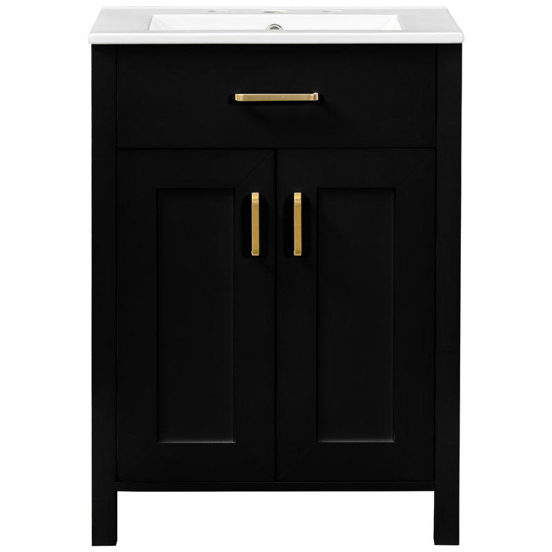 Meuble-lavabo pour salle de bain avec lavabo en céramique - Poignées compactes et élégantes avec poignées noires et dorées Fabrication. Portes à fermeture en douceur, tablette en forme de U
