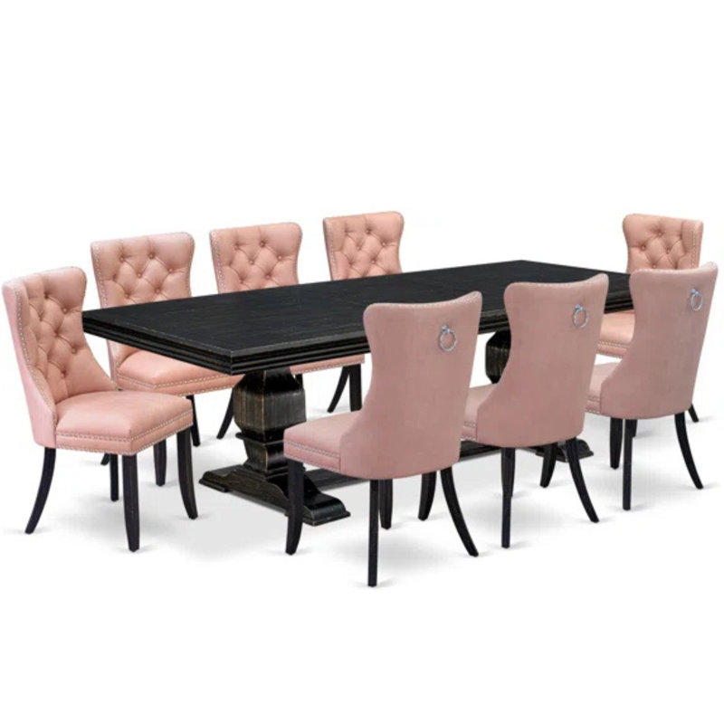 Ensemble de table de salle à manger 9 pièces comprenant une table rectangulaire et 8 chaises de salle à manger en tissu de polyester rouge beige, noir sablé