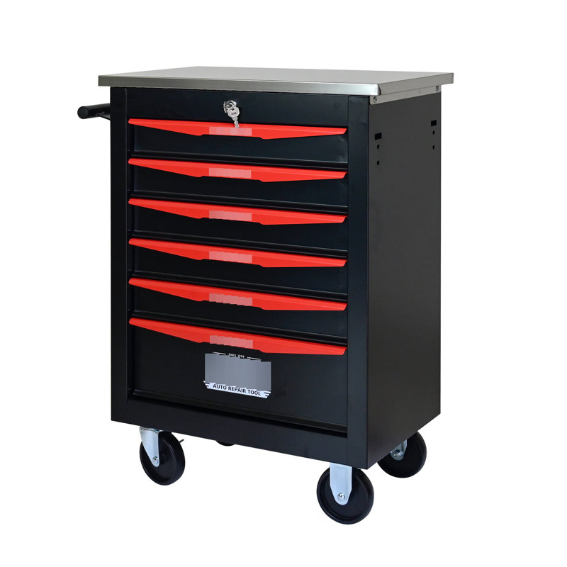 Chariot à outils multifonctionnel à 6 tiroirs avec roulettes - noir et rouge pour garage, atelier et entrepôt