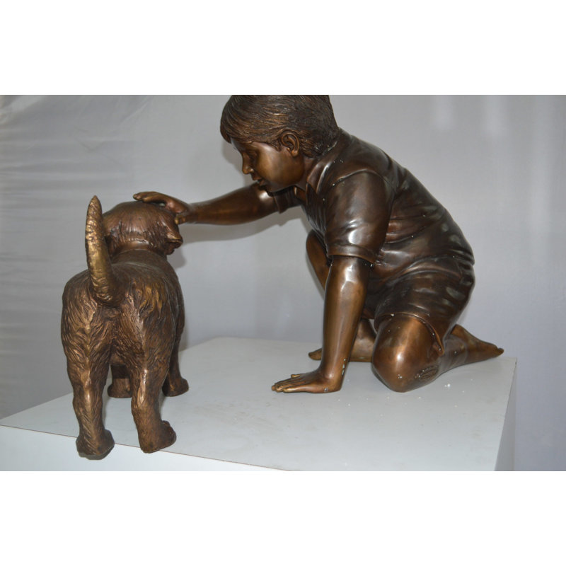 Boy And Dog Bronze Statue - Size: 30"L X 18"W X 18"H