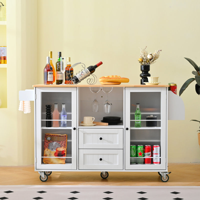 Kitchen Island Trolley With Drop - Leaf Counter Space, 2 Drawers, Door Unit, Towel And Spice , White , 47.47 In Long, 104.77 Lb Counter, Rack, Storage Rubberwood, 33.53 Tall, 145Lbs Load