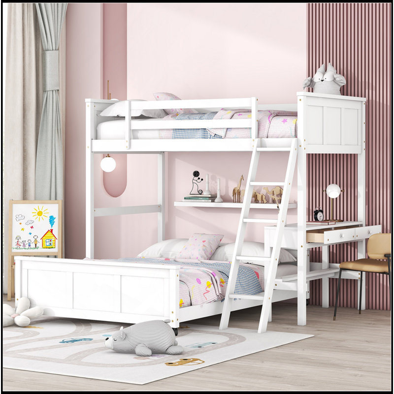 Lit simple superposé au dessus d'un lit double avec bureau, Blanc