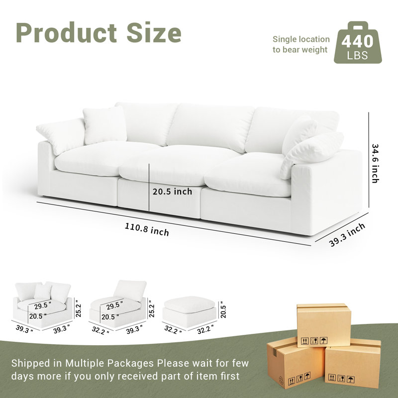 3 Seater Cloud Couch Oversized Modular Sectional Sofa, Comfy Down Filled Wide & Deep Seat Couches For Living Room, Upholstered Sectionals Sleeper Sofa, Detachable & Washable Sofa Covers