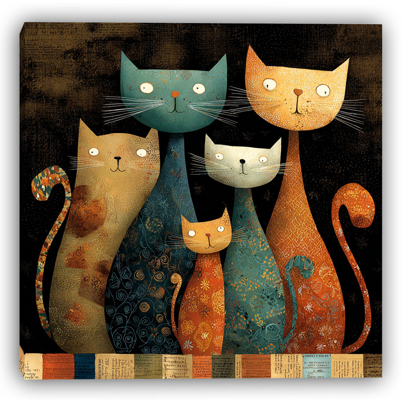 «Patchwork Cat Family», art mural sur toile tendue, H 40 po x l 40 po, 2