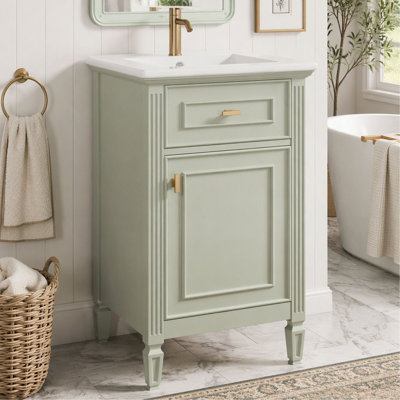 Meuble-lavabo de salle de bain, 51 cm (20 po), avec lavabo, pieds en bois massif, tablette réglable, tiroir inclinable, poignées en alliage de zinc