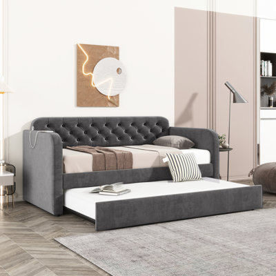 Lit de jour simple avec lit gigogne et port de connexion - Revêtement en velours pour chambre à coucher