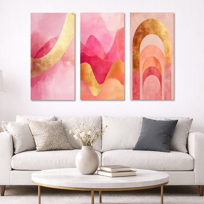 Contemporary Flow I - Pink & Gold Arcs - Art mural encadré abstrait 3 pièces
