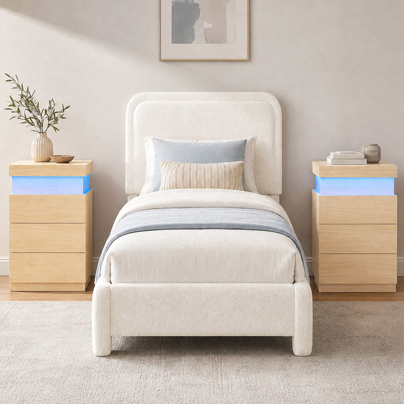 Lit tapissier Teddy, Beige/White, Lit simple
