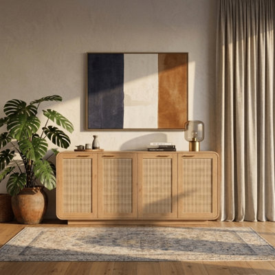 Buffet moderne bohème à 4 portes en rotin avec base couleur caramel