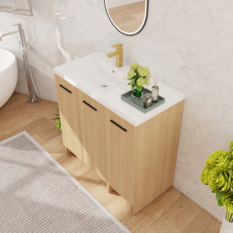 Meuble-lavabo sur pied simple 36 po avec lavabo en résine, meuble-lavabo sur pied avec 3 portes et 2 tablettes réglables