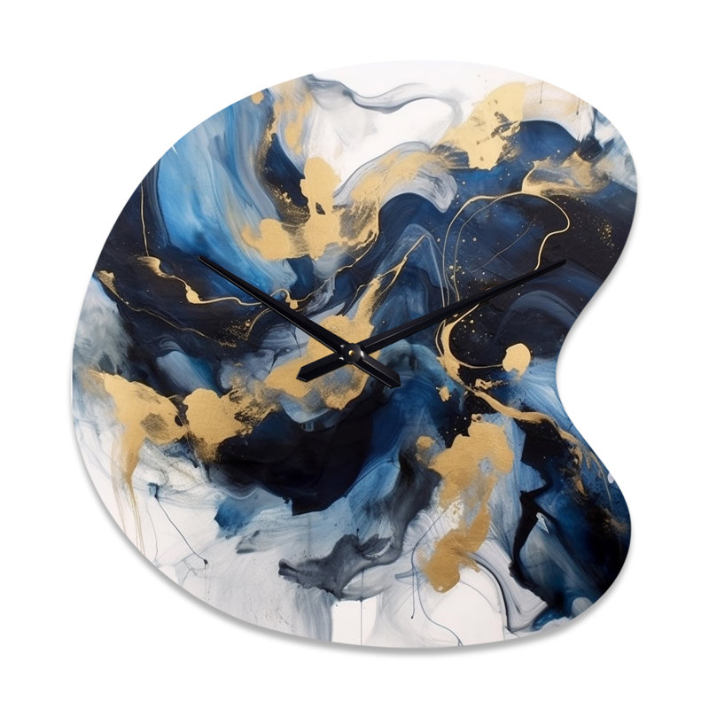 Dark Blue and Gold Strokes XII - Fractals Asymmetrical Metal Clock, Blue Unique Shape Wall Clock Print, Small