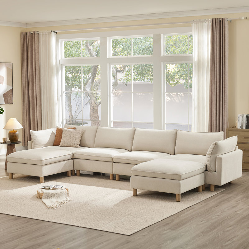 Solena  161.4" W 6-Piece Upholstered Modular Sectional  Sofa With Solid Wood Base, Cream Polyester