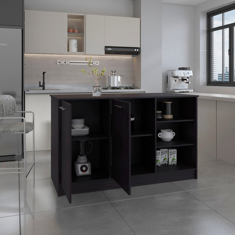 Kitchen Island Two Cabinets, Three Open Shelves, Black