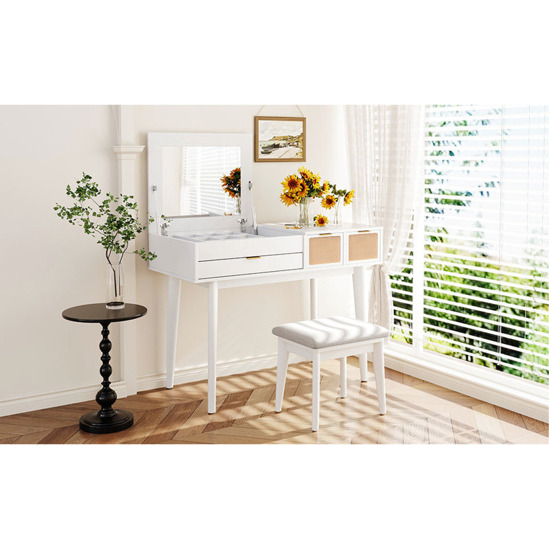 43.3" White Makeup Vanity With Stool, Flip-Top Mirror And Three Drawers, Fashionable Exquisite Beauty Table Dressing Stylish Functional Desk