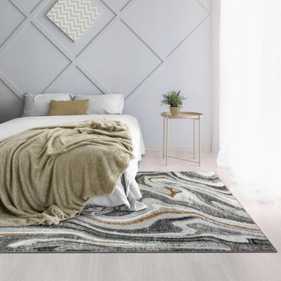 Tapis fluide en marbre 5 x 7 pi pour chambre à coucher, gris or blanc