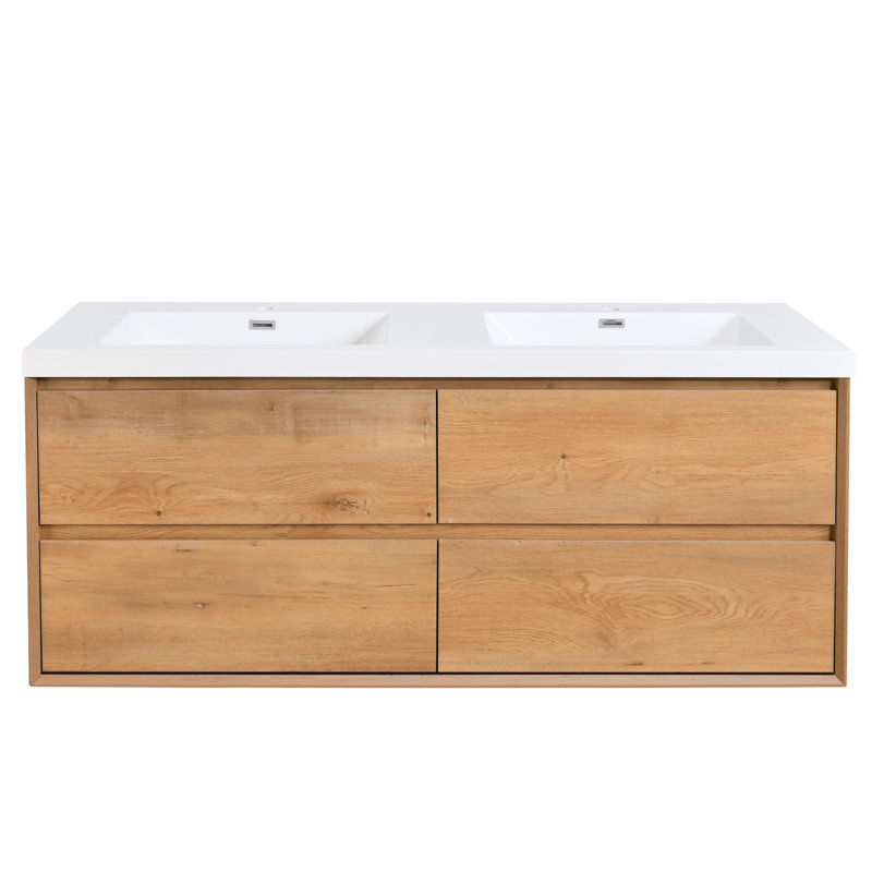 Meuble-lavabo moderne en bois de chêne doré avec lavabo en résine, conception peu encombrante