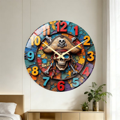 Pirate Skeleton Wall Clock Colorful Design Unique(1) Art - 24‘’ Modern Glass Wall Clock