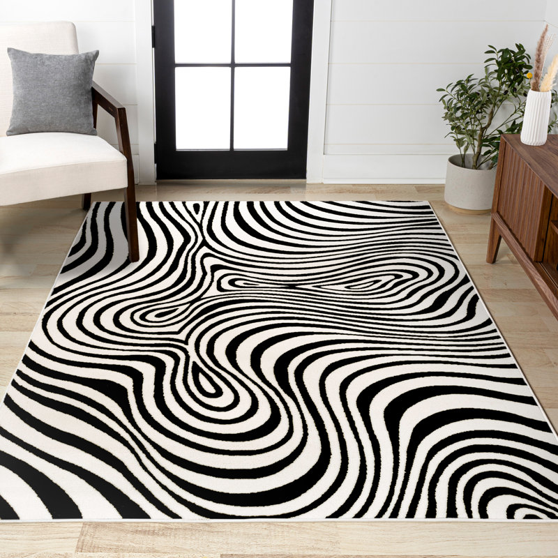 Maribo High-Low Abstract Groovy Striped Black/White Rug, Rectangle 5'3" x 7'7"