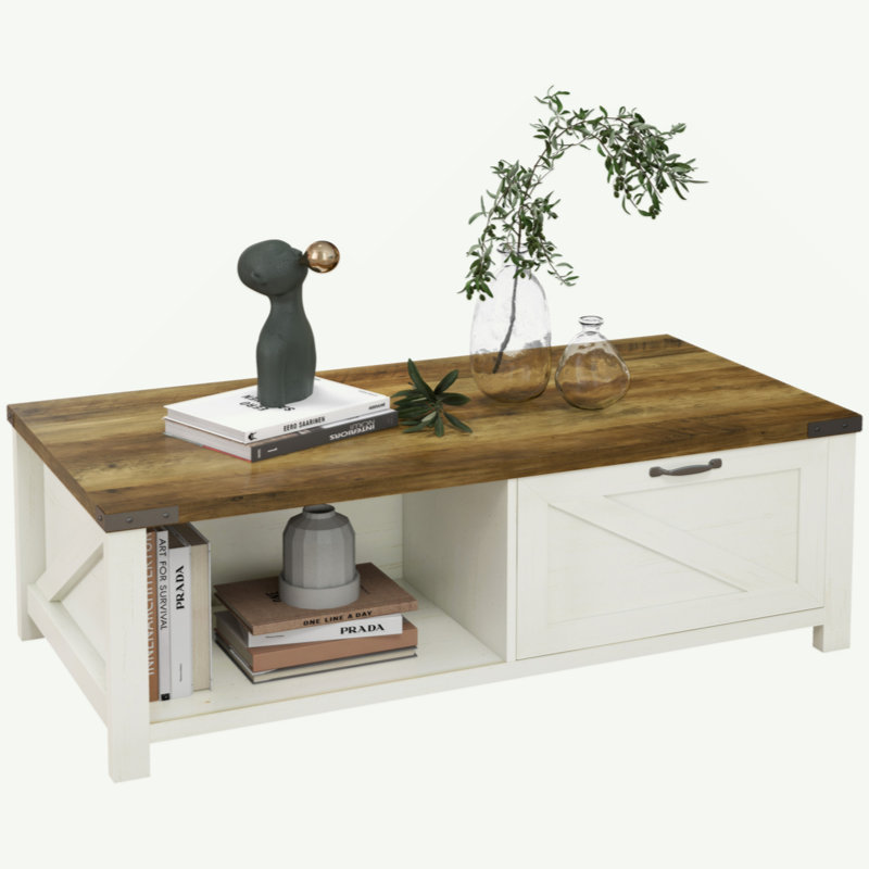 Farmhouse Coffee Table With Storage And Drawer, Rustic Coffee Table For Living Room, Open Shelf, White