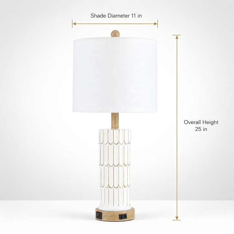 Lampe de table simple en résine 25 po avec USB, ports Tyoe-C, Crème / Ivoire, Blanc
