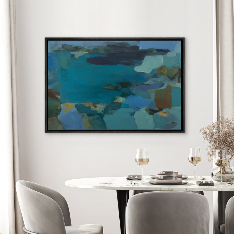 Bleu sarcelle bleu abstrait vue sur la mer vue sur la mer pour le salon, 24" H x 36" W x 1.5" D, Noir