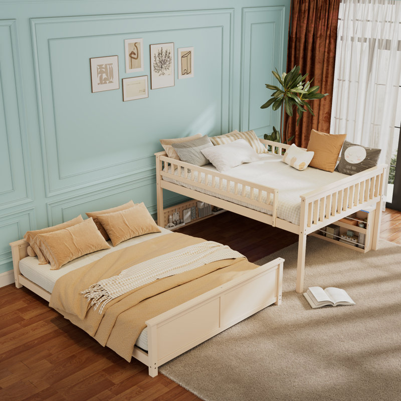 Lit superposé double au-dessus de grand lit double avec tablettes intégrées, lumières à changement de couleur et panneau perforé, beige