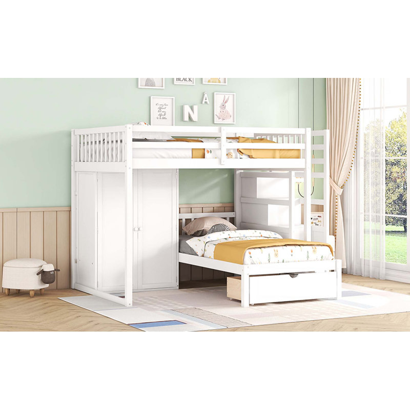 Lit superposé double au-dessus de simple avec bureau, tiroirs et tablettes, Blanc