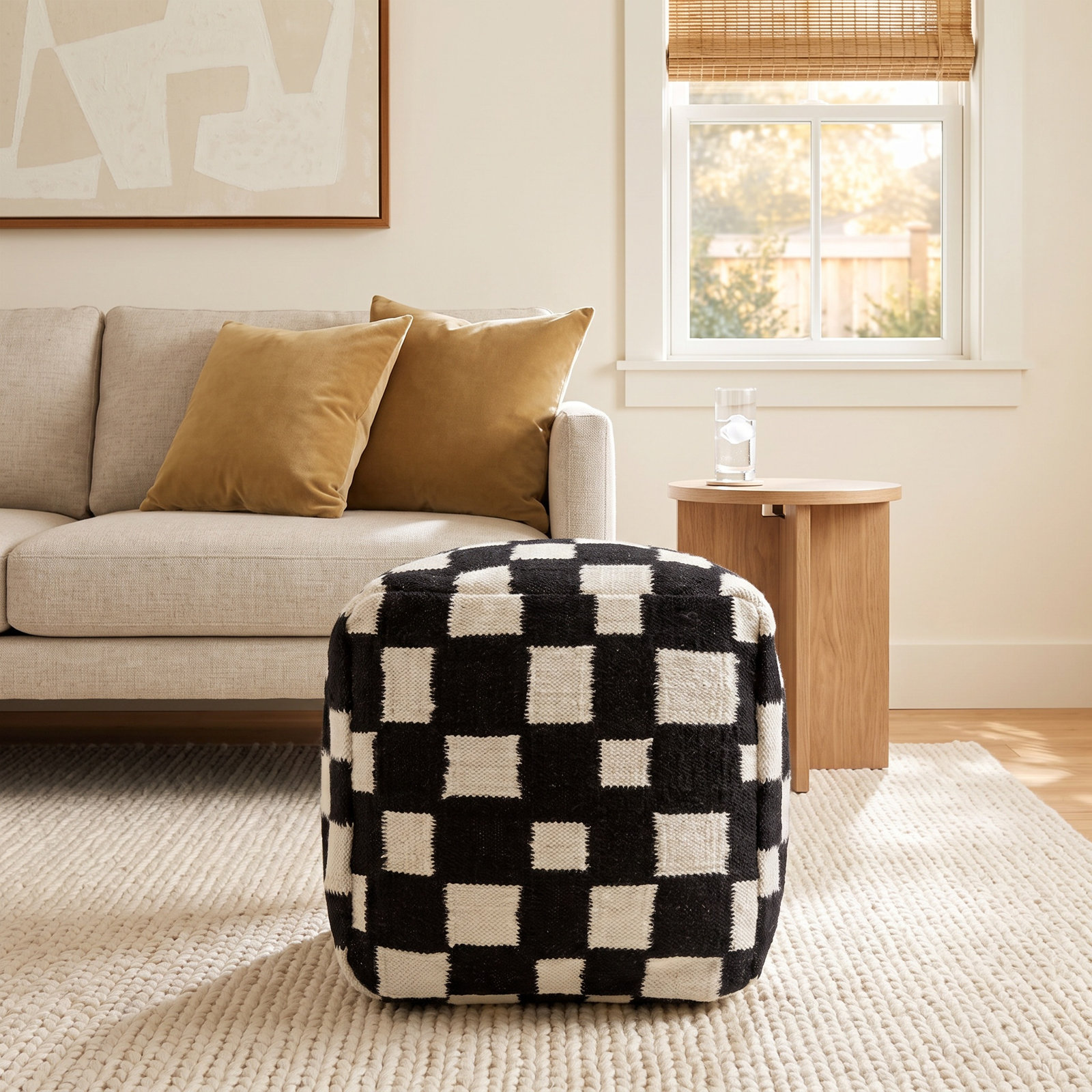 Gwennie Upholstered Pouf, Black/White Wool/Cotton Blend