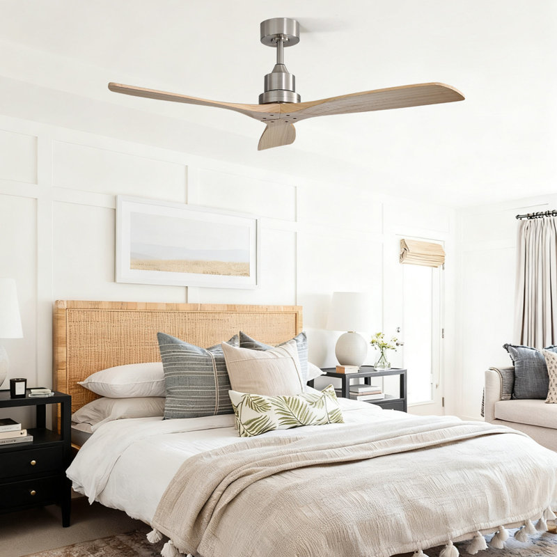 Ventilateur de plafond en bois massif intelligent à 3 pales de 52 po Kemp sans lumière, nickel sable et beige
