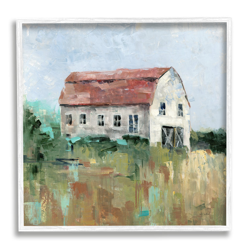 Rustic Barn Landscape Print on Canvas with White Frame
