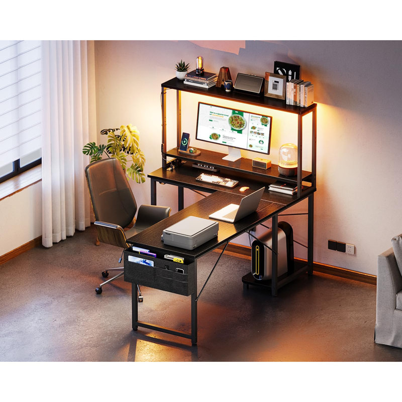 53 Inch L Shaped Desk With LED Lighting, Reversible Gaming Desk With Power Outlets, Cornor Computer Table With Storage Shelves & Bag & Iron Hook, Home Office Table For Writing, Study, Black