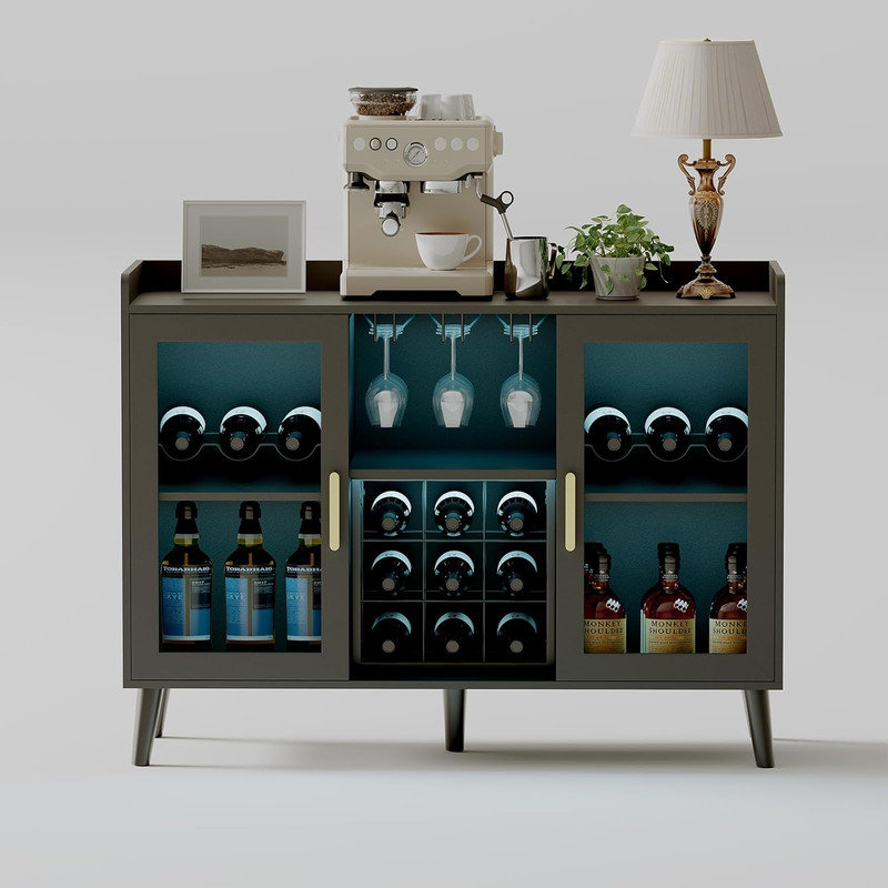 Armoire à vin avec éclairage à DEL, support à vin et porte-verre pour le salon et la salle à manger, Noir