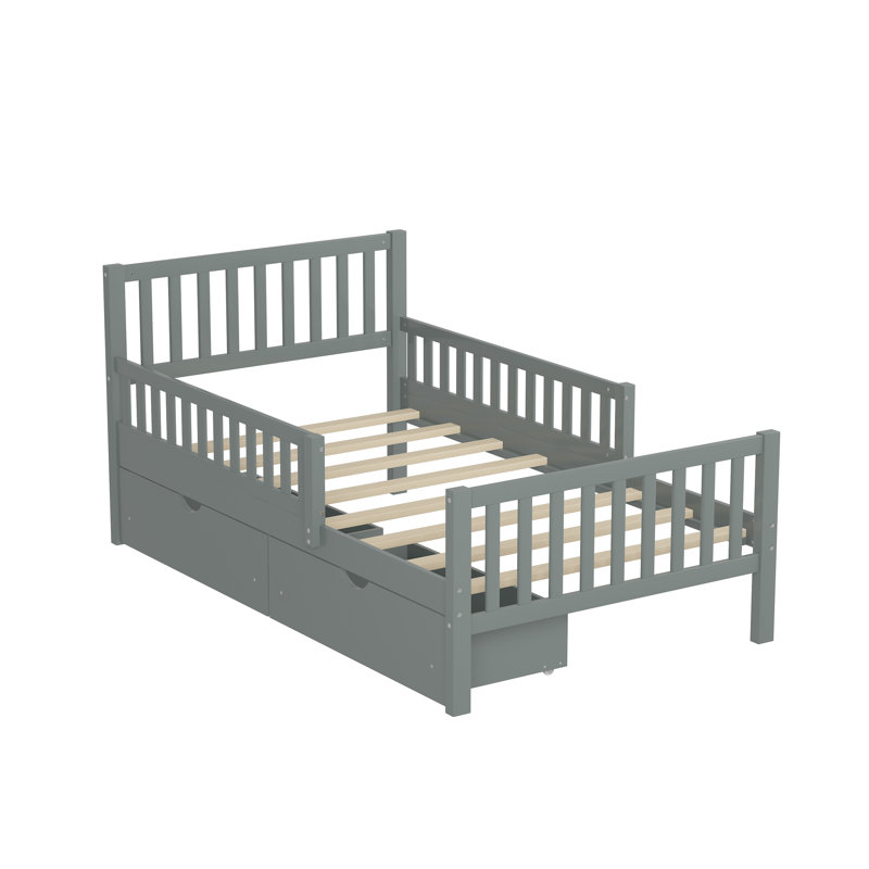 Wood Platform Bed With Guardrails On Both Sides And Two Storage Drawers, Grey, Twin