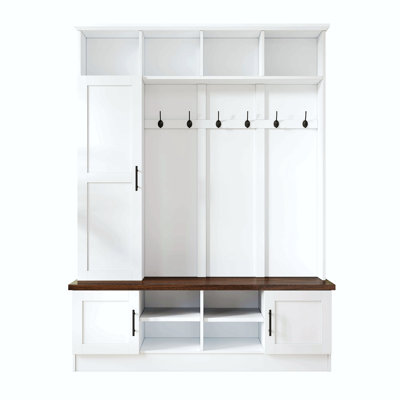 Versatile 3-In-1 Hall Tree With 6 Hooks, Farmhouse Walnut Storage Bench With Adjustable Shelves, 55"W Entryway Coat Rack With Multiple Storage Space For Mudroom, Hallway