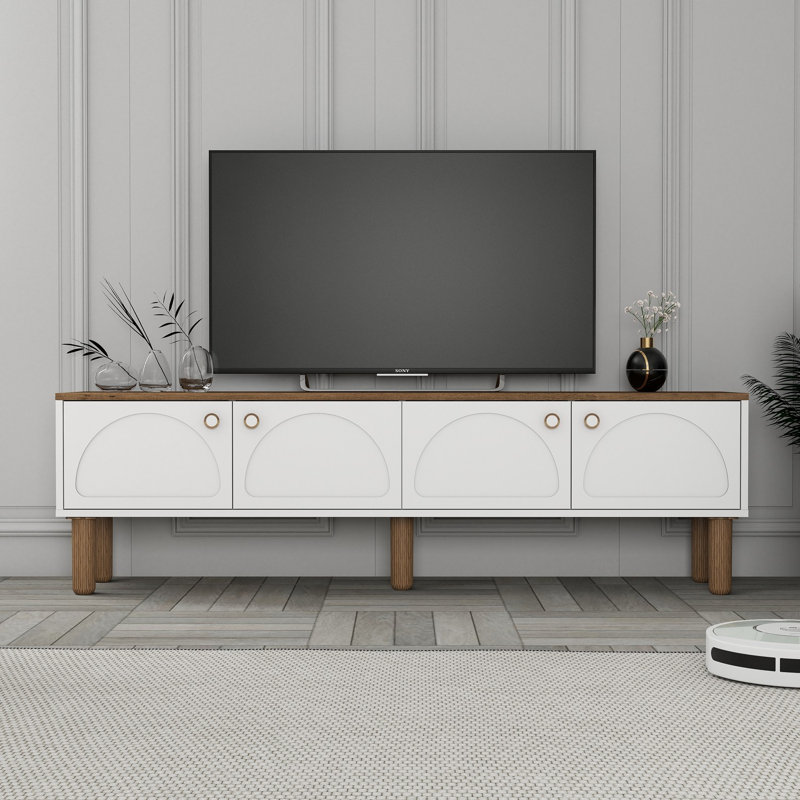 Meuble télé moderne avec option de fixation murale, blanc, 70,9 po x 20,9 po x 13,8 po | 100% panneau de particules enduit de mélamine, épaisseur: 0,7 pouce | Nombreuses tablettes de rangement, conception géométrique élégante pour les maisons contemporaines