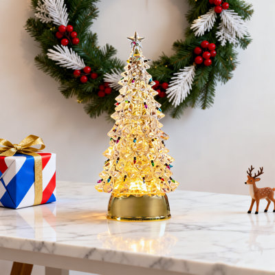 Sapin de Noël décoratif de table en acrylique, mini sapin lumineux DEL blanc chaud avec ampoules colorées et étoile au sommet, décoration de bureau vintage pour les fêtes et les cadeaux de Noël