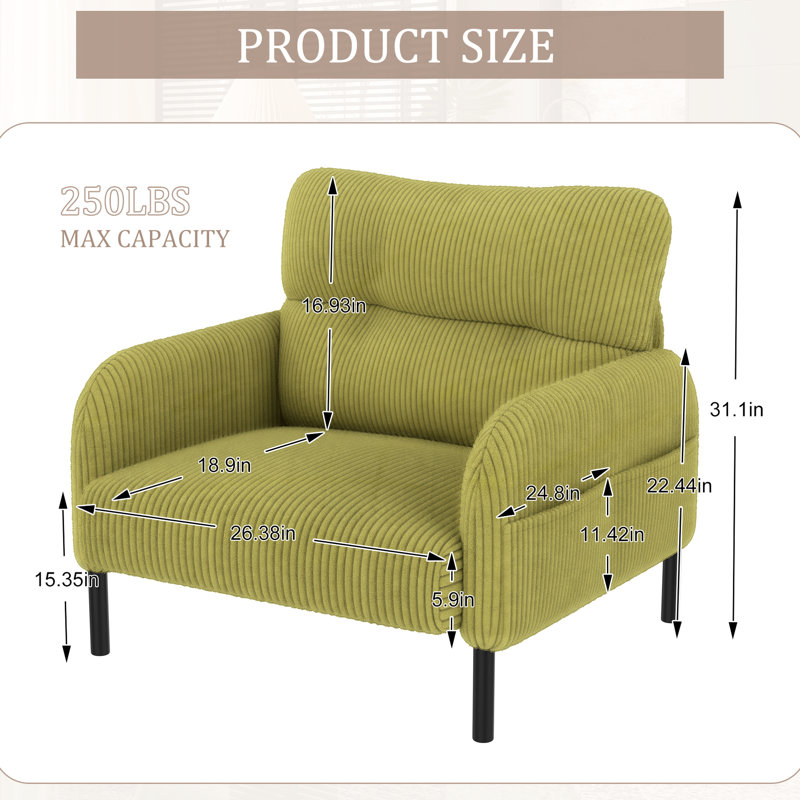 Fauteuil confortable en velours côtelé monochrome pour les pièces à vivre principales, design à double poche, coussin moelleux, structure élégante avec poches de rangement latérales, idéal pour le bureau et le coin lecture, soutien lombaire ergonomique