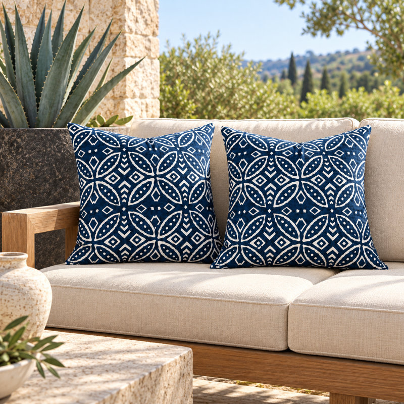 Ensemble de 2 housses de coussin en polyester batik indigo tropical pour intérieur/extérieur avec garniture, Carré 18 po