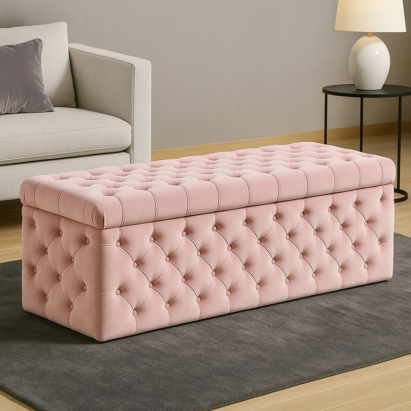 Lux Wide Velvet Chesterfield Rectangle Solid Color Standard Ottoman Box with Storage, 120cm W x 42cm D x 40cm H, Pink