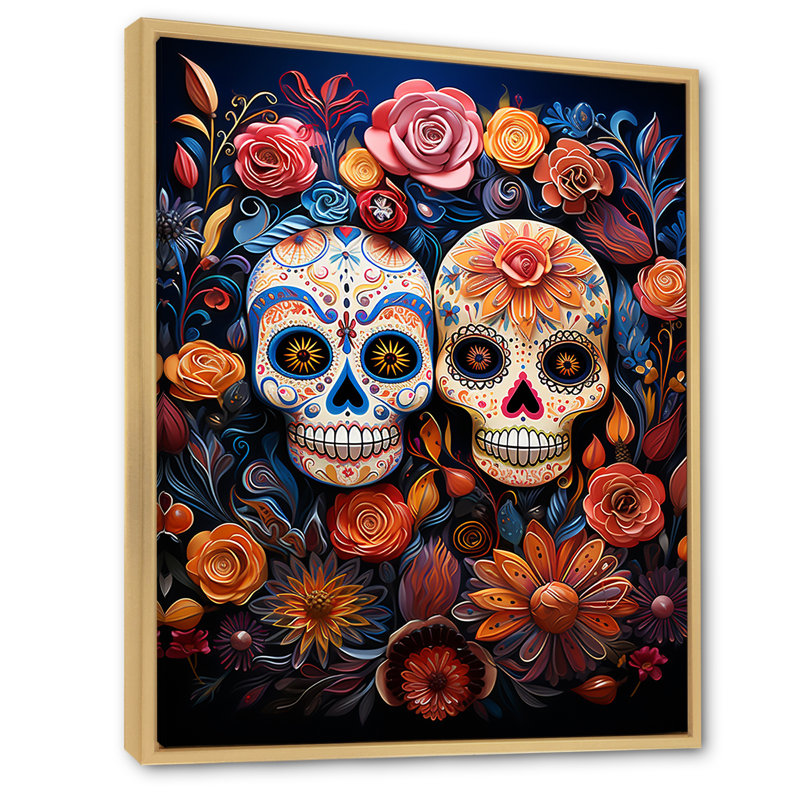 Art mexicain, jour des morts 4 - Art mural mexicain, Cadre flottant brun, H 32 po x l 24 po x P 1 po