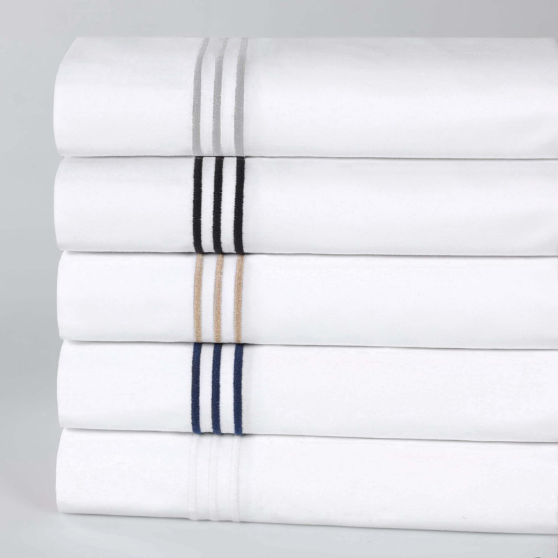 Brandon Cotton Three-Line Embroidered Deep Pocket Bed Sheet Set by Superior, White/Gold, King Sheet Set with 2 Pillowcases
