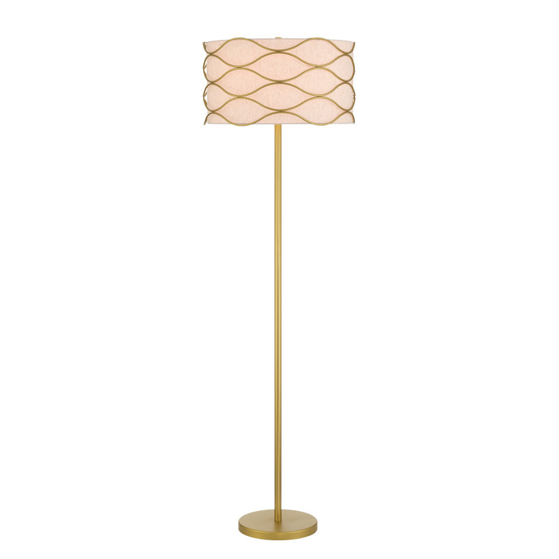 Modern Floor Lamp with Wavy Metal Accent and Fabric Drum Shade