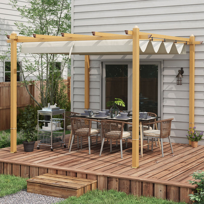 Pergola en métal 10 pi avec toile, bois, Blanc crème, 10 pi x 10 pi