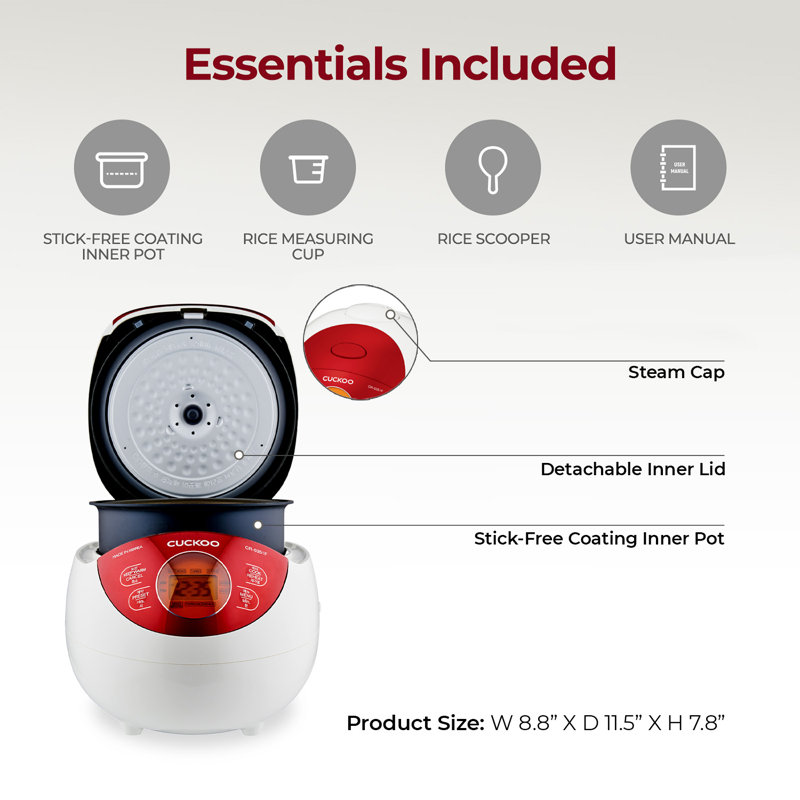 CUCKOO Micom Rice Cooker 3 Cup Uncooked / 6 Cup Cooked, Korean Fuzzy Logic Rice Cooker Small with Delay Timer & Keep Warm Setting, Versatile Food Steamer with Non-Stick Inner Pot, Red (CR-0351F)