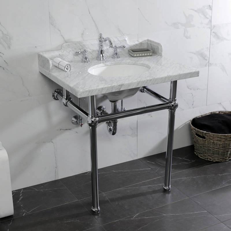Lavabo console en marbre Carrara de 30 po avec pieds en laiton Kingston, LMS3030MB6 Kingston White, marbre / nickel poli