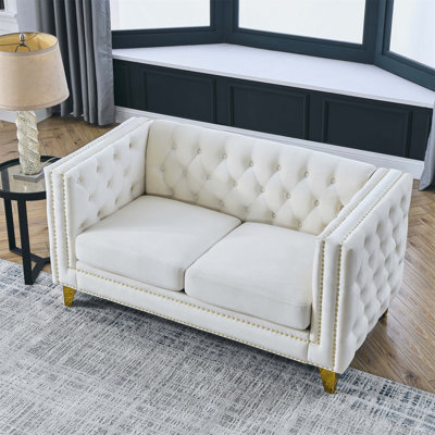 Luxurious Velvet Upholstered Square Arm Sofa with Button Tufting, Ideal for Comfortable Living Room Relaxation