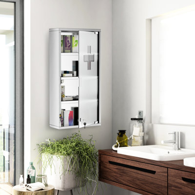 Armoire à pharmacie verrouillable en acier inoxydable, 4 niveaux, 12 po x 24 po, argent, armoire de rangement murale avec porte, acier, tablettes, argent