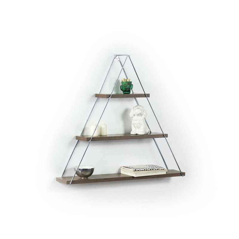 Étagère murale à livres rustique - Triangle, bois massif noyer, bordure triangulaire pour livres, décor, Noyer / argenté