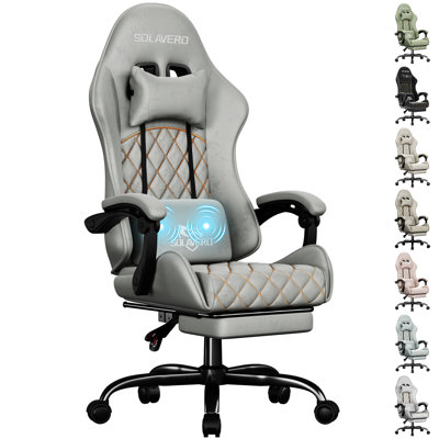  Gaming Chair, High Back Fabric Computer Chair with Pocketed Spring Cushion and Footrest, Height Adjustable Game Chair with Headrest and Massage Lumbar Support, Ergonomic Office Chair for Adults, Gray